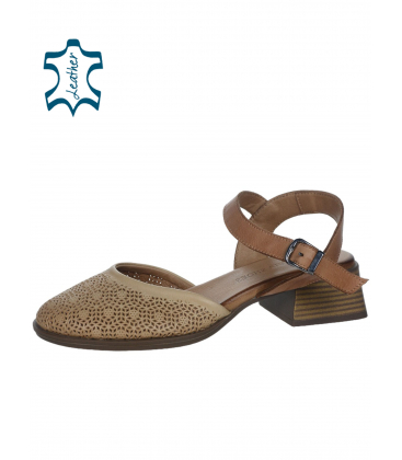 Béžová kožené sandály na podpatku 027-M7